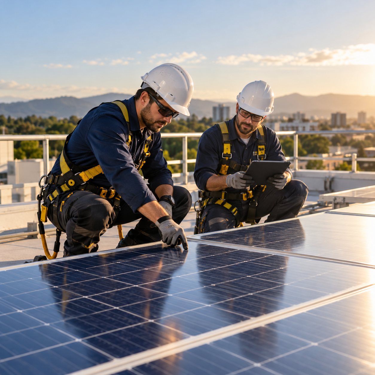 Profissionais trabalhando com painéis solares